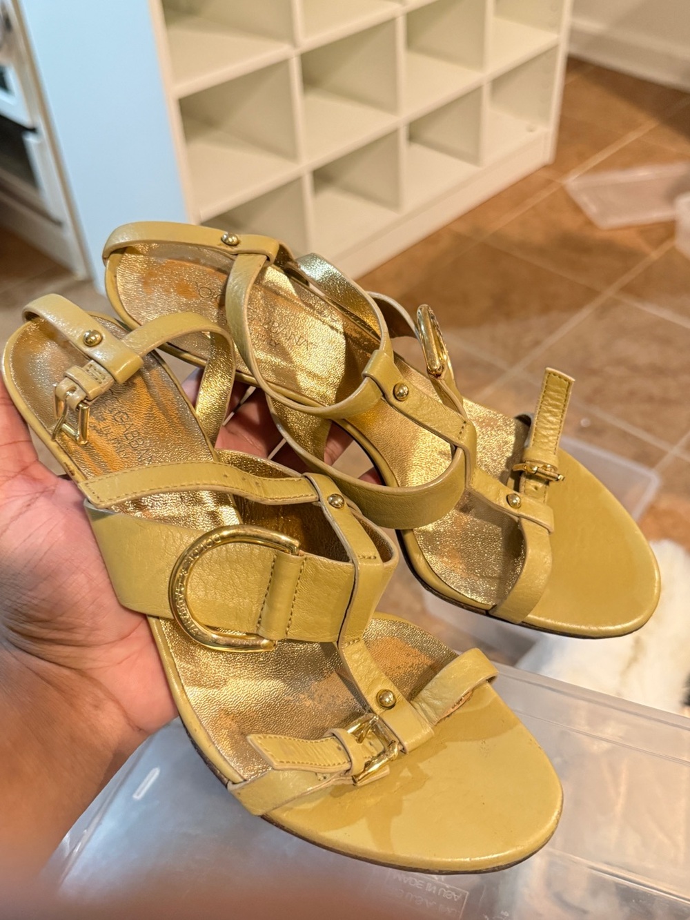 Dolce & Gabbana Gold Leather T-Strap Sandals